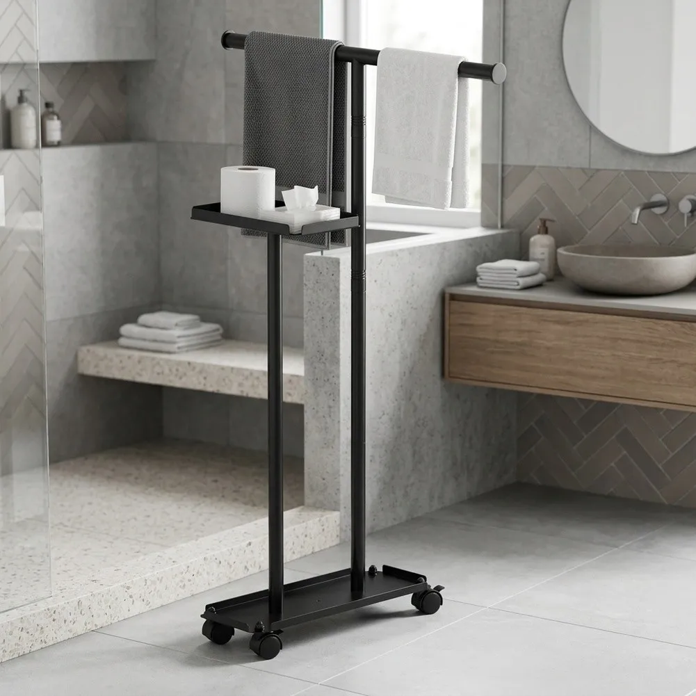 Contemporary Towel Rack with Attached Toilet Paper Organizer and Flat Storage Tray for Seamless Bathroom Setup
