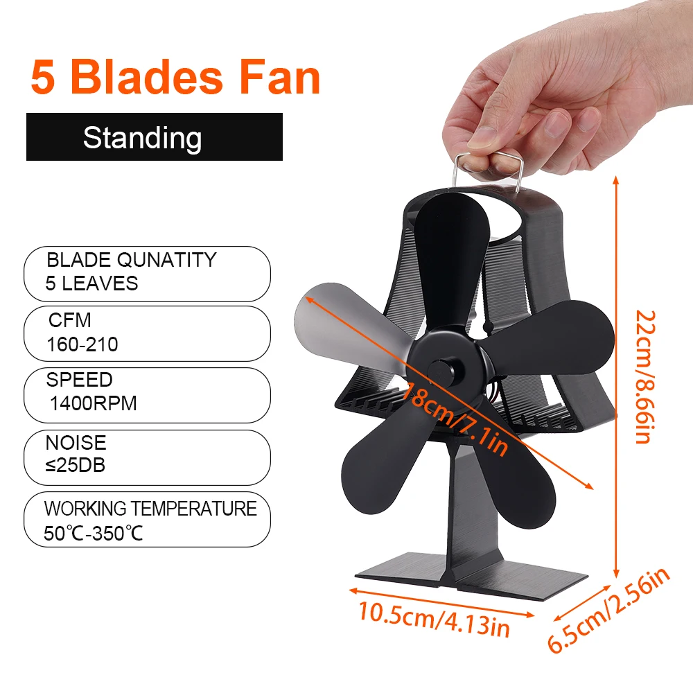 Ventilador negro de 5 aspas para estufa, sistema de ventilado para quemador de leña, Eco, distribución eficiente del calor, silencioso, para el hogar y el invierno