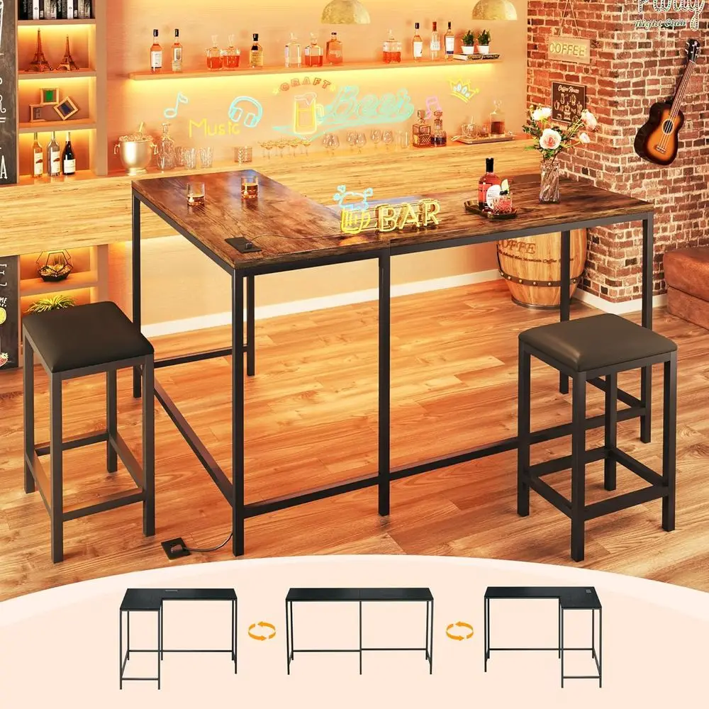 L Shaped ar Tale with Stools, 63‘’ ar Height Tale with Power Outlets, Convertile Counter Height ar Tale with 2 Stools, Recular H