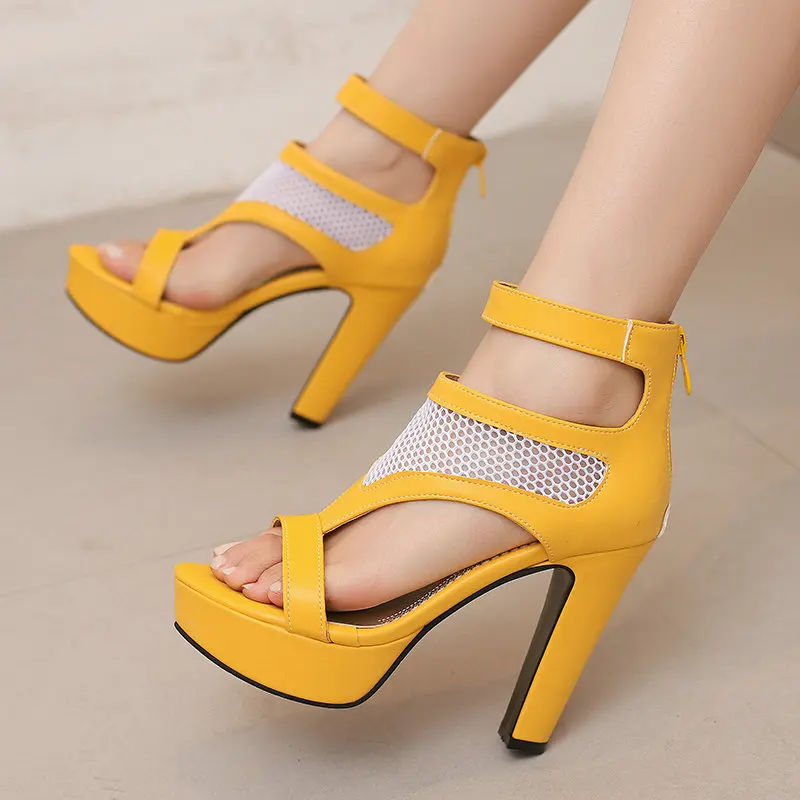 

Open Toe Mesh Net Sexy Stripper High Heels Summer Heeled Shoes Platform Back Zip Mature Gladiators Sandals Big Size 48 49 50