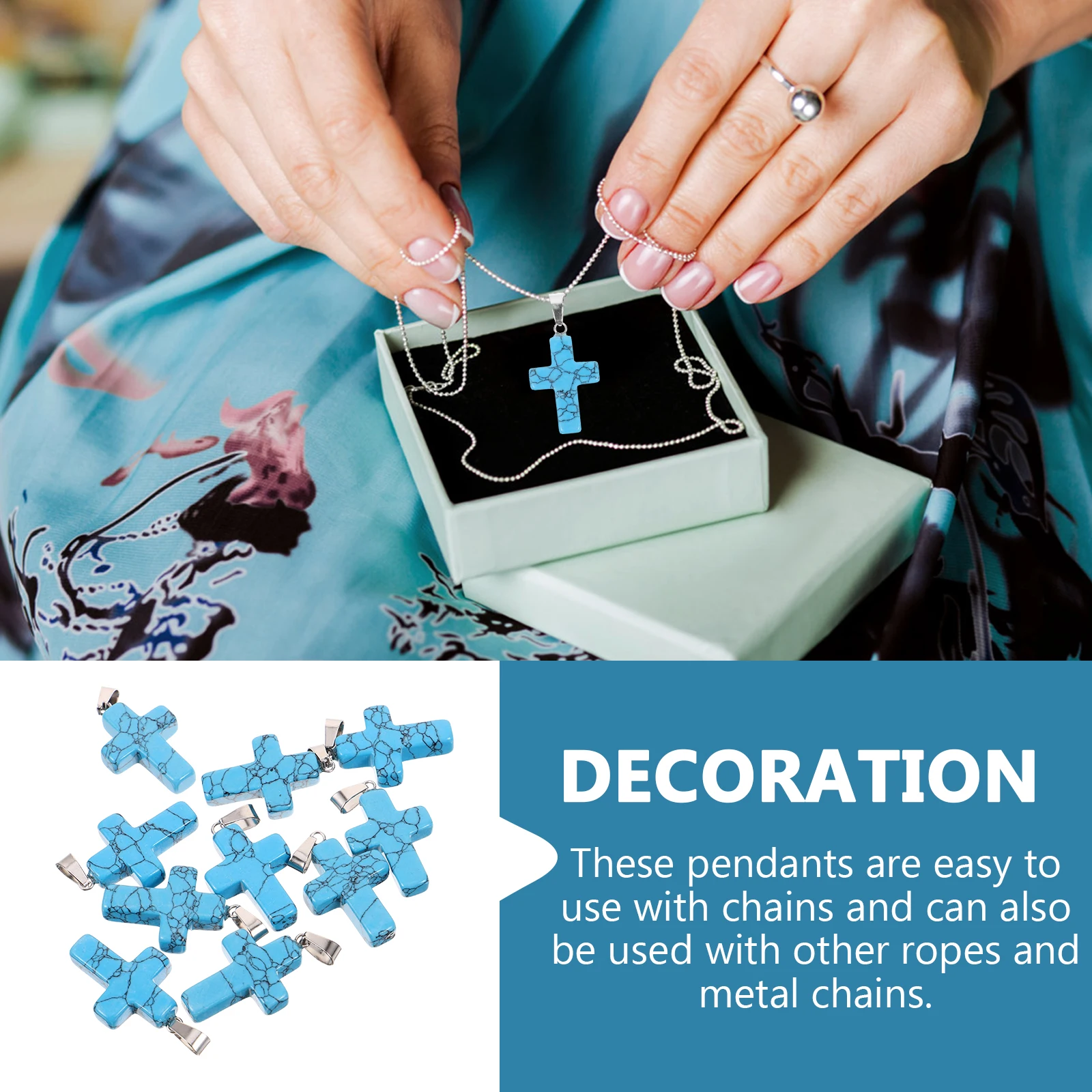 

10pcs Agate Crystal Necklace Beads Vintage Cross Pendant Charms Small Size Jewelry Making Accessories Blue Color