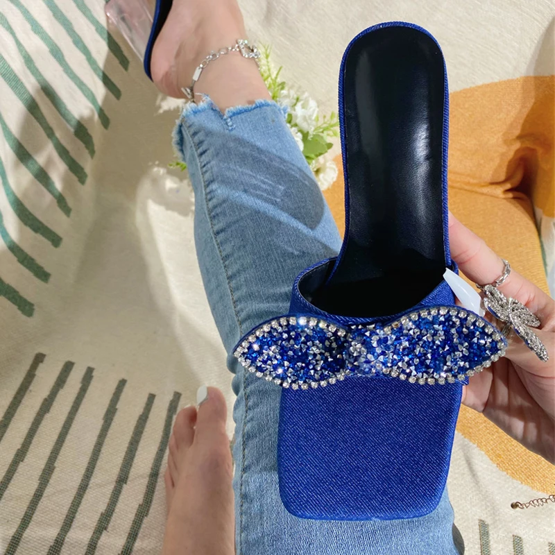 Liyke Strange Style Transparent High Heels Women Blue Denim Slippers Crystal Bowknot Designer Sandals Summer Party Prom Shoes