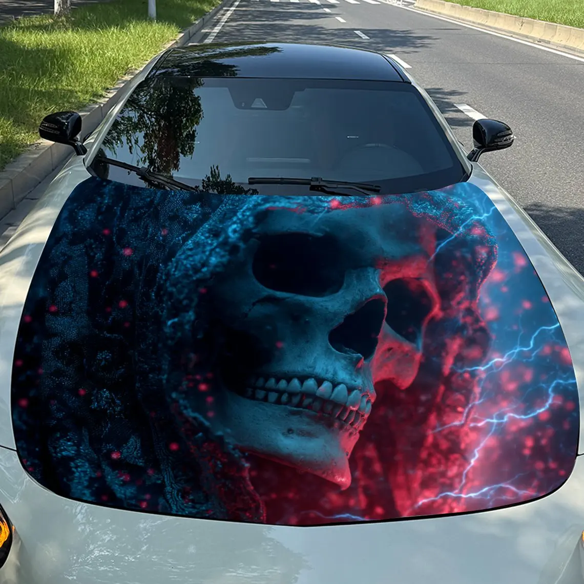 Lightning Flame Skull Car Vinyl Wrap - Waterproof & Wear-Resistant, Ideal For Various Car Models, Withcool Pattern Design, Car B