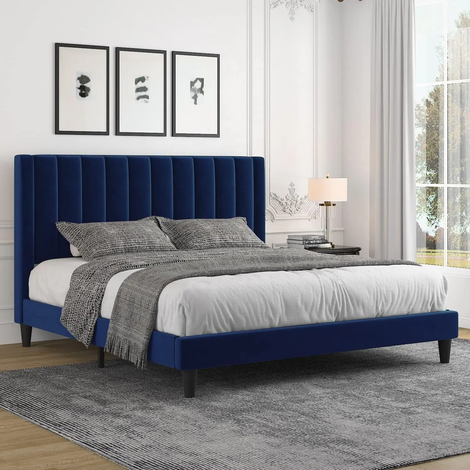 

King Platform Bed Frame/Velvet Upholstered Bed Frame with Vertical Channel Tufted Headboard