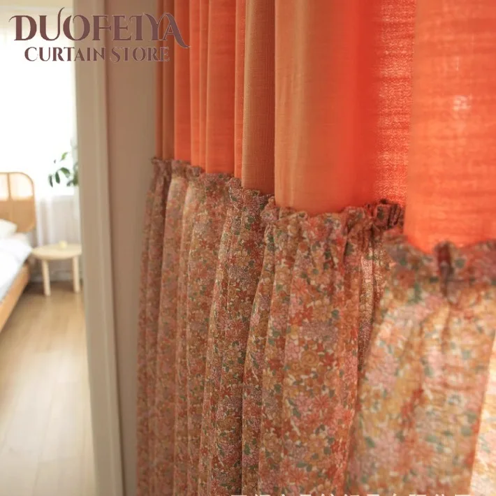 Japanese Orange Printing Cotton and Linen Patched Curtains for Living Room Bedroom French Window Balcony Window Custom Size