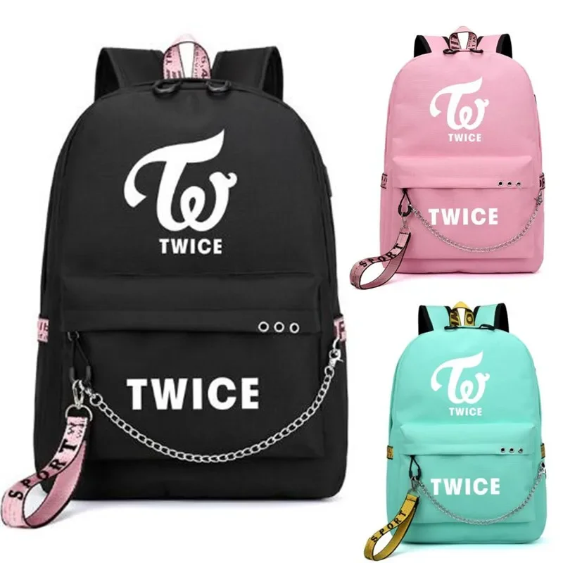 Twice Korean Star Nayeon Momo Backpack School Bags USB Port Mochila Travel Bags Laptop Chain Backpack Headphone