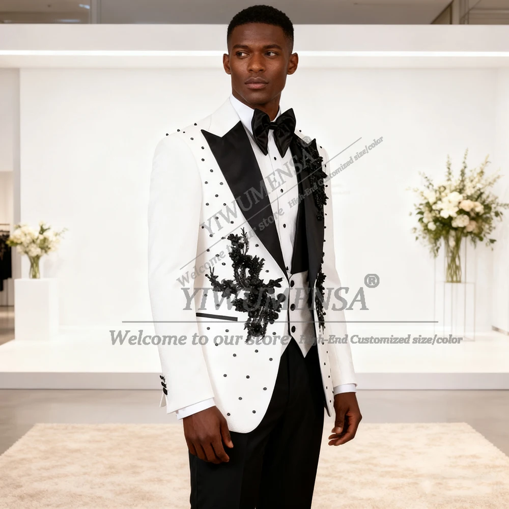

Роскошная одежда для жениха, свадебные костюмы для мужчин, черный блейзер с зубчатыми лацканами и аппликациями, формальное платье для банкета, мужская мода ATTIRE