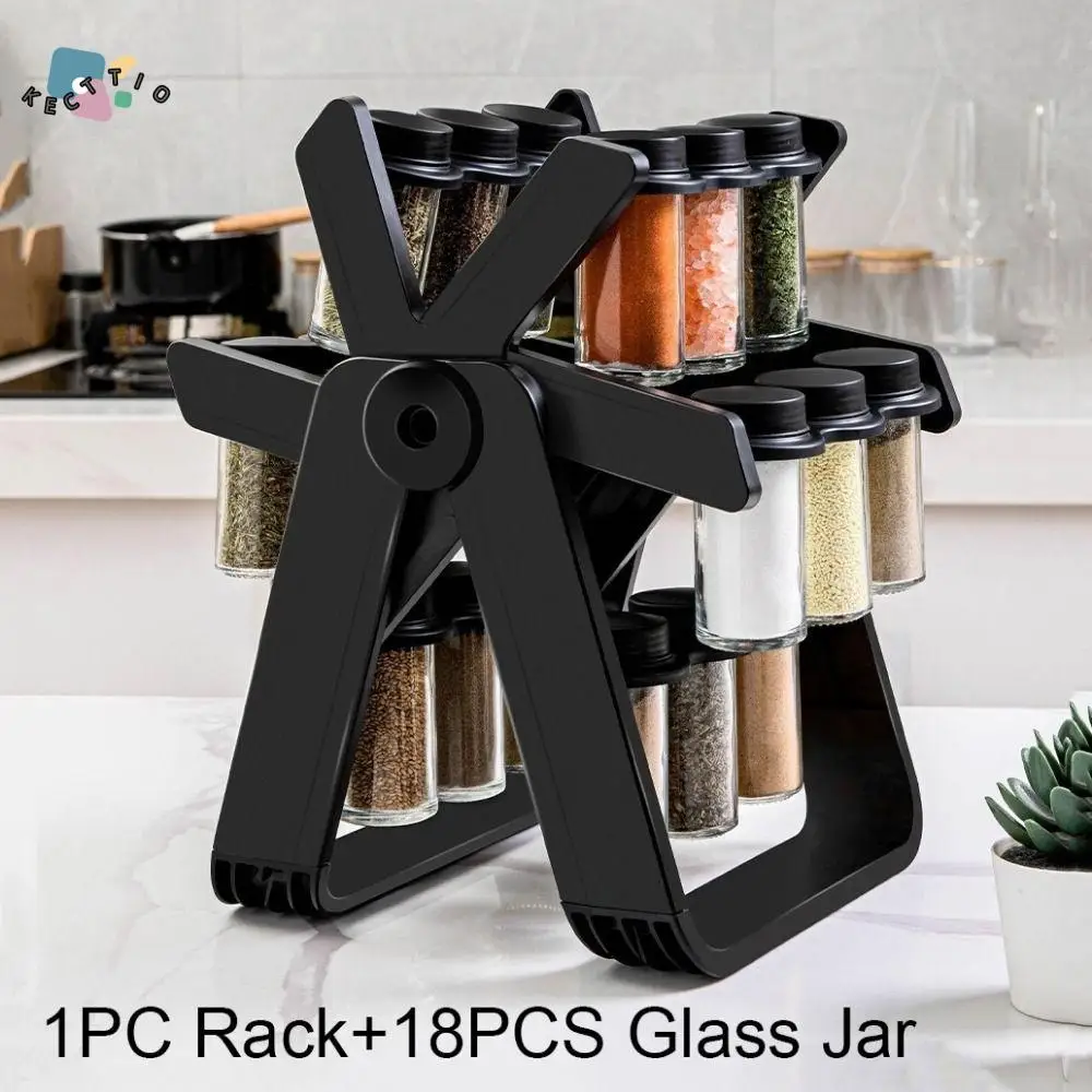 

360 Degree Rotation Ferris Wheel Spice Rack Multi-Tier Space-Saving Spice Jar Storage Set with 18 Glass Jars