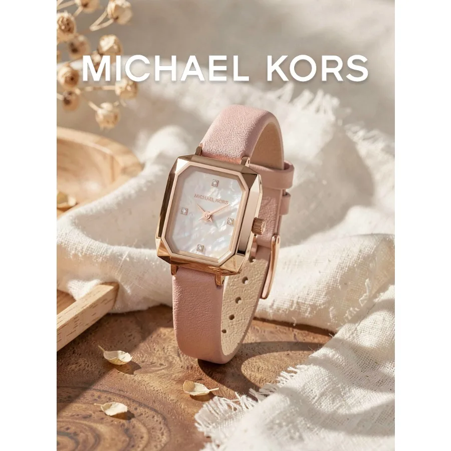 Michael Kors Ladies Octagonal Wristwatch Rose Gold Frame Pink Leather Band Crystal Index Mother Of Pearl Dial Quartz Watch