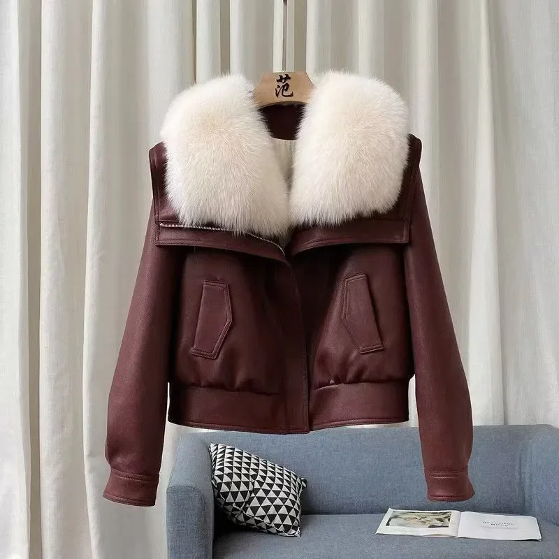 المرأة الراقية الثعلب الفراء بولي Leather سترة جلدية فضفاضة تناسب الفراء طوق معطف قصير دافئ الخريف الشتاء موضة أبلى