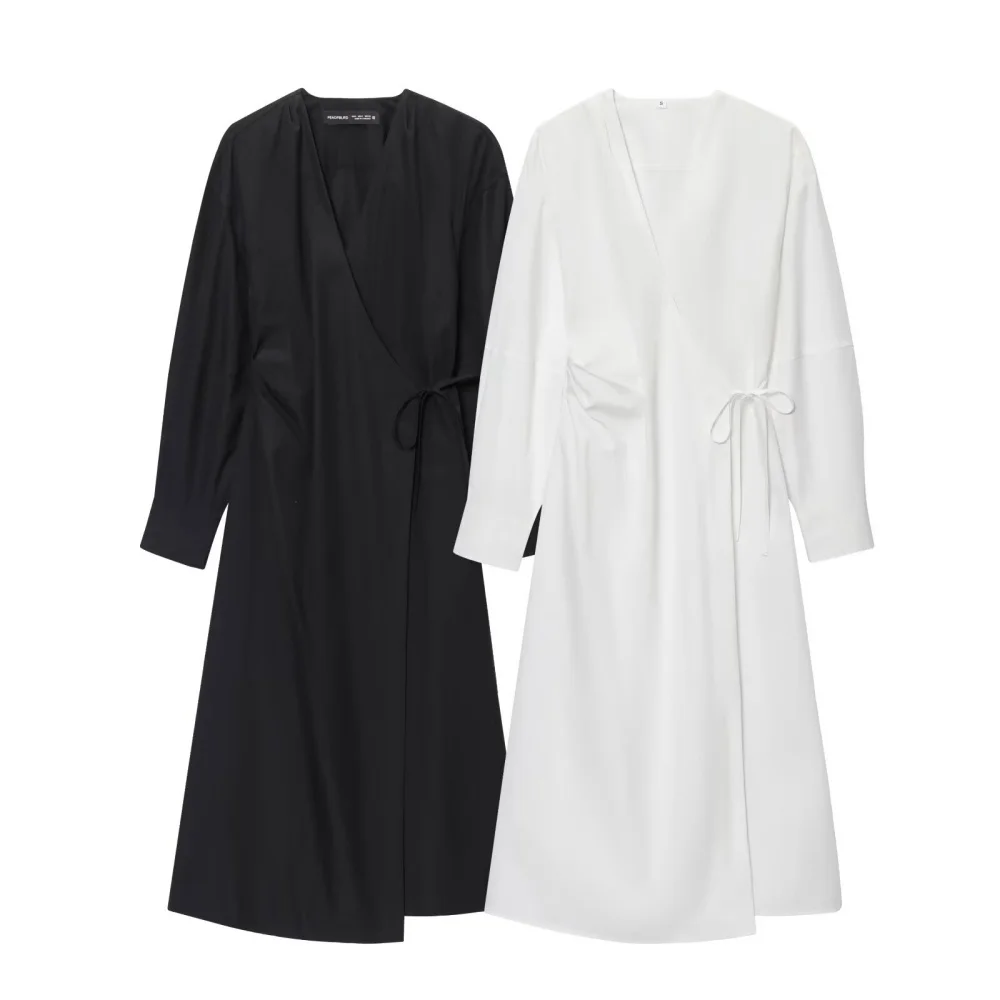 Vestido camisero envuelto de color liso para mujer, manga larga, cuello en V, con cordones, novedad de verano, vestido largo sencillo y moderno