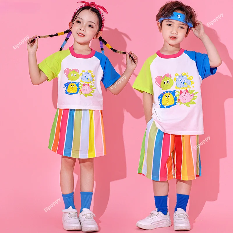 Children Summer School Uniform Girls Sweet Rainbow Striped Skirts Boys Color Blocking T-shirt Shorts Kids Mamianqun Clothes Sets