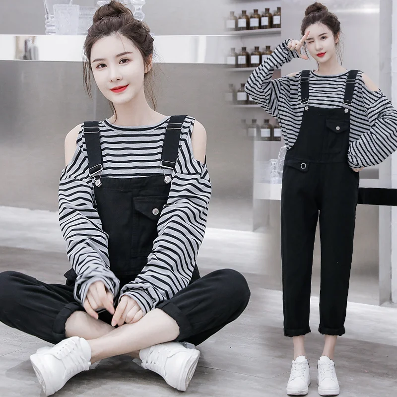 Casual Suit Women's Clothing Spring Autumn Black Denim Overalls + Striped Off-the-shoulder Long-sleeved Top Two-piece Sets d20