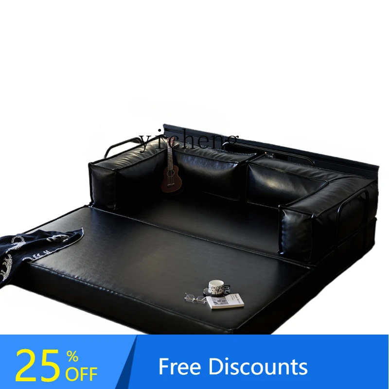 Black simple small apartment living room sofa bed dual-purpose multi-functional module leather art sofa