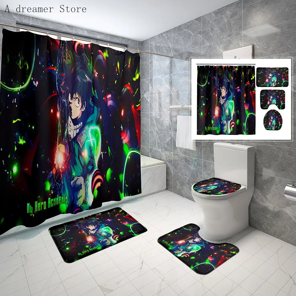 Anime Printed My Hero Academy Shower Curtains Waterproof Fabric Screenery Bathroom Rug Mats Set with Hooks Decor 180x180cm