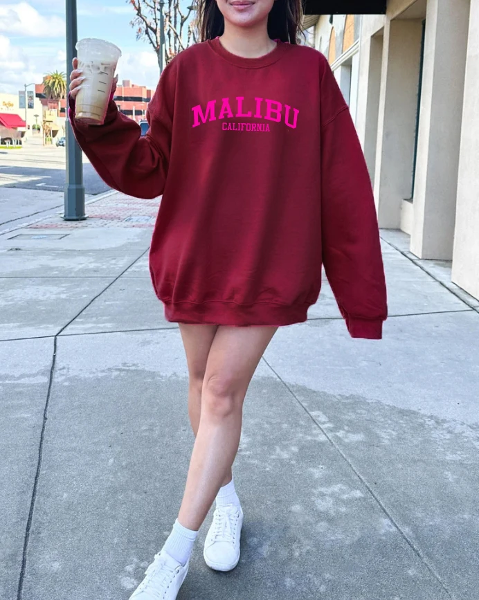 Malibu California Sweatshirt  Pink Malibu Crewneck Preppy Sweatshirts  Crewneck Sweater Vintage Womens Trendy Sweatshirt top