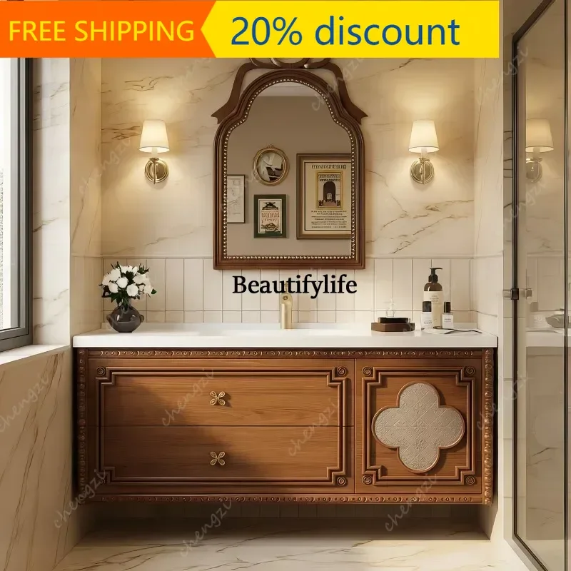 J132 French retro style oak bathroom cabinet combination ceramic integrated basin toilet washstand