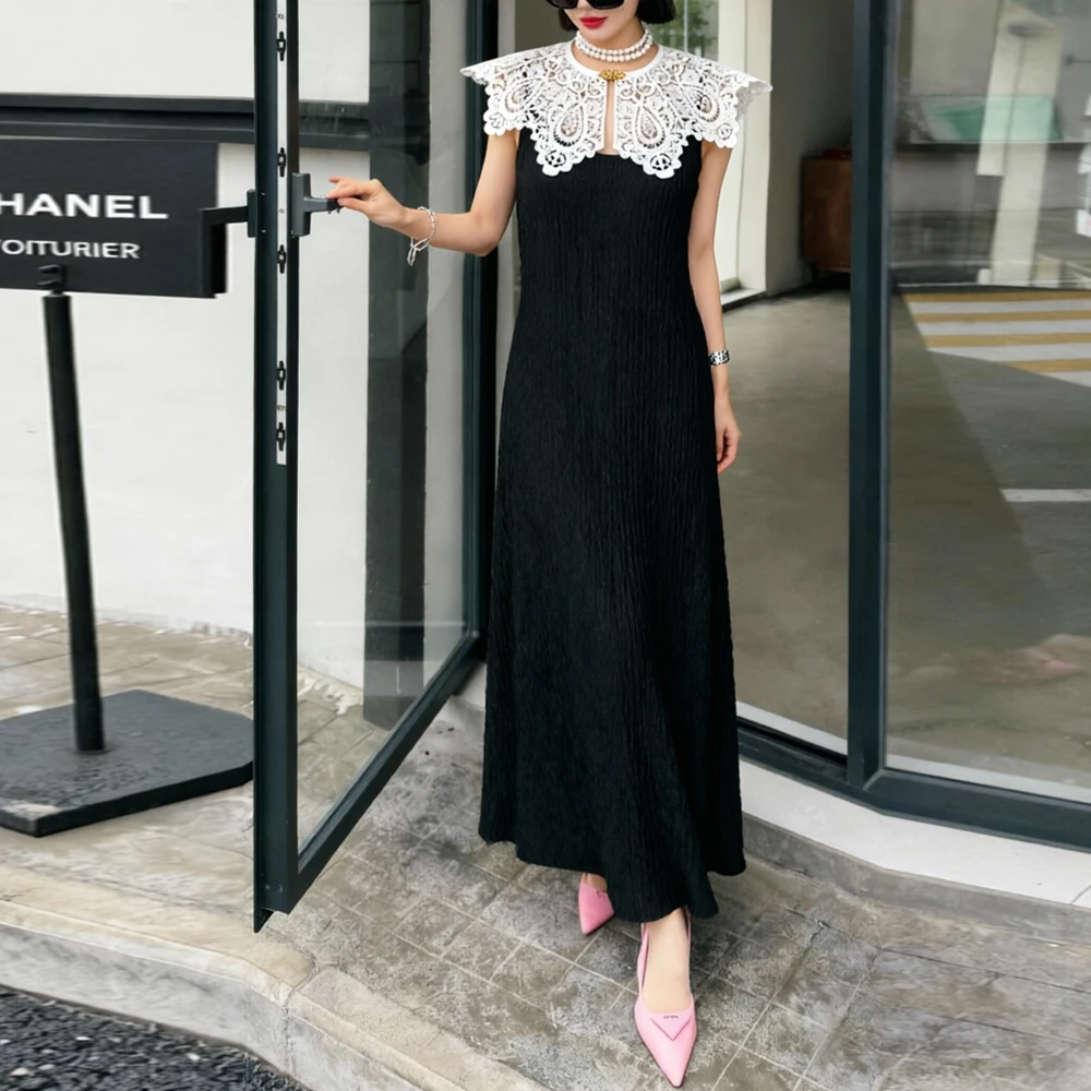 

Women‘s Detachable Fake Collar Camisole Sleeveless Dress Girl S-XL Vintage Palace Style Floral Lace Pleated Midi Dresses Clothes