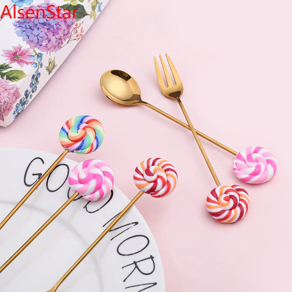 

Cartoon Lollipop Doughnut Mickey Spoon Fork Stainless Steel Gold Tea Coffee Stirring Spoon Fruit Dessert Fork Teaspoon Tableware
