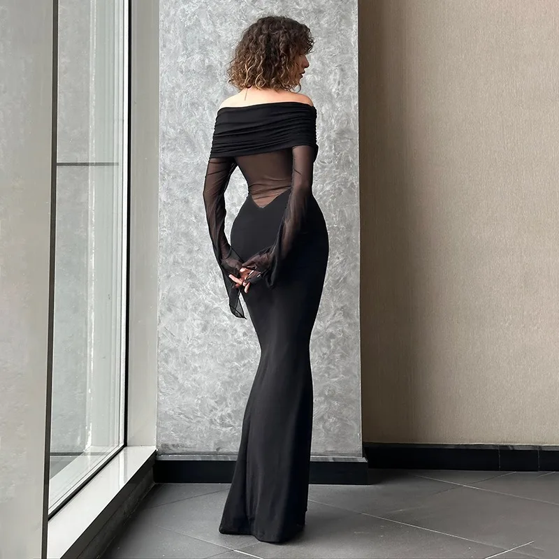 Tuularose Black Elegant Maxi Dress Women's Sexy See-Through Off-Shoulder Patchwork Gathered Dress Luxury Party Evening Dresses