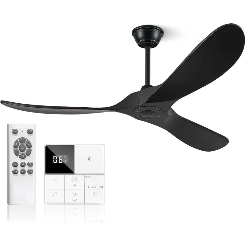 52 Inch Wood Ceiling Fan no Light with Remote Wall Switch Outdoor Ceiling Fan for Patio, Porch, Bedroom, 6 Speed, Quiet DC Motor