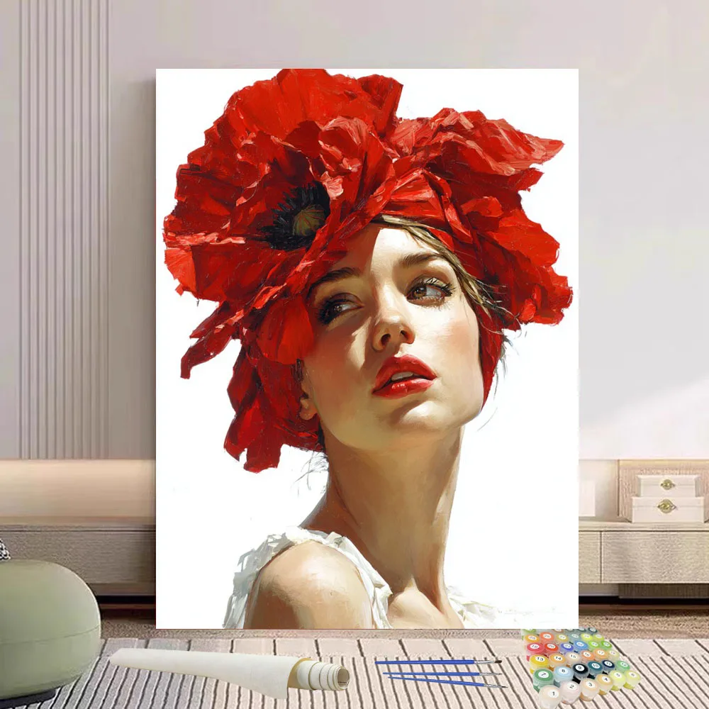 

Картина по номерам, красный цветок на голову, сделай сам, ручная роспись маслом, холст, раскраска, уникальный подарок, украшение для дома