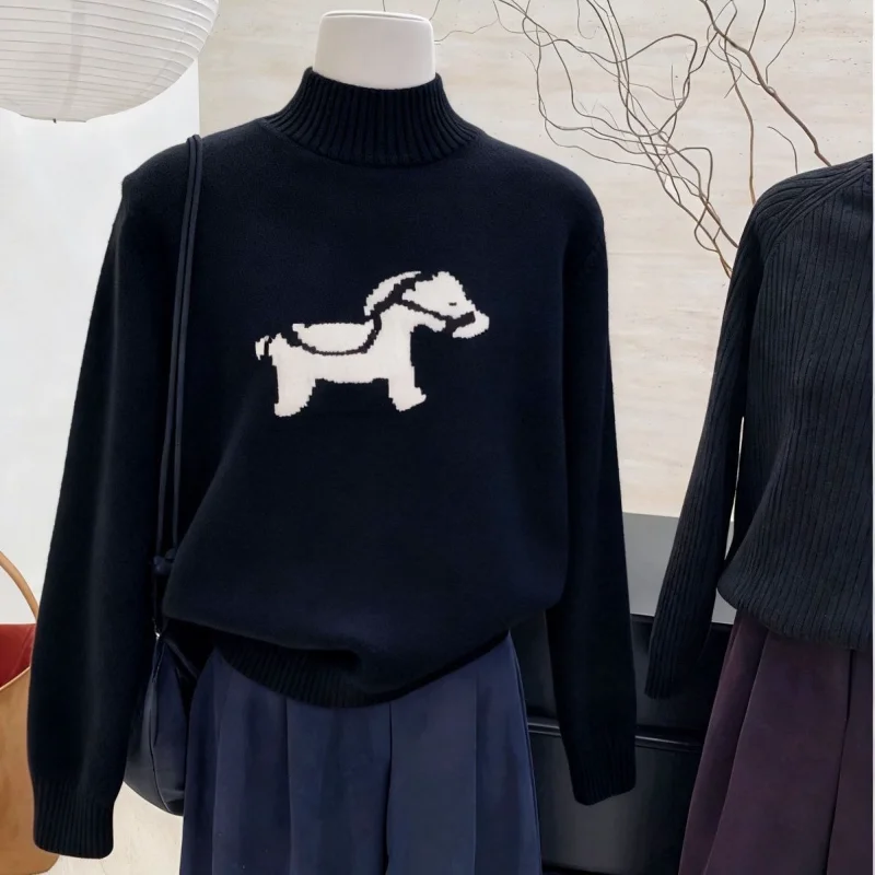 Jacquard Knitted Women's 2025 Autumn and Winter New Spliced   pullover Half-high Collar Loose Versatile Casual Long-sleeved Top