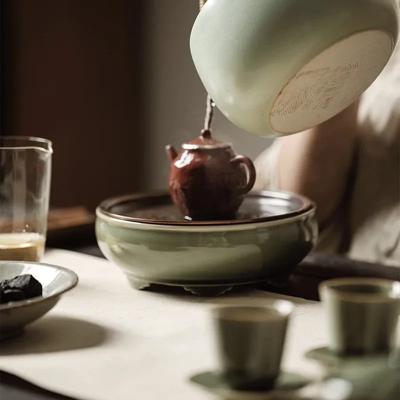 Longquan Celadon Ceramic Tea Tray with Copper Dry Wet Separate Design Holder Stand for Gongfu Tea Set Mat