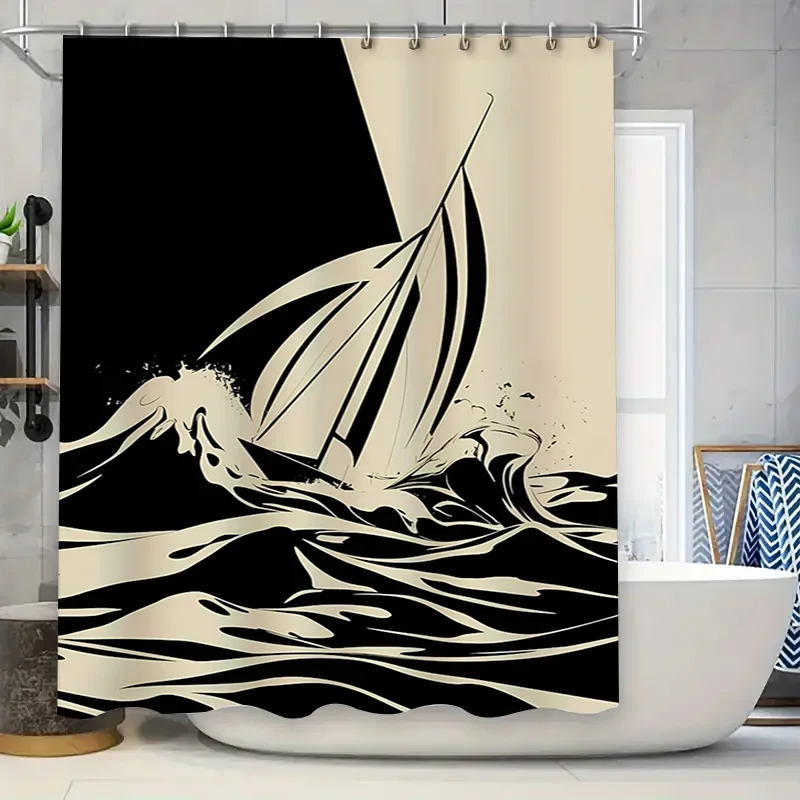 

Современный декор для ванной комнаты, крутой черный, белый цвет, набор занавесок для душа в виде парусника для домашней ванны, водонепроницаемая ткань с крючками