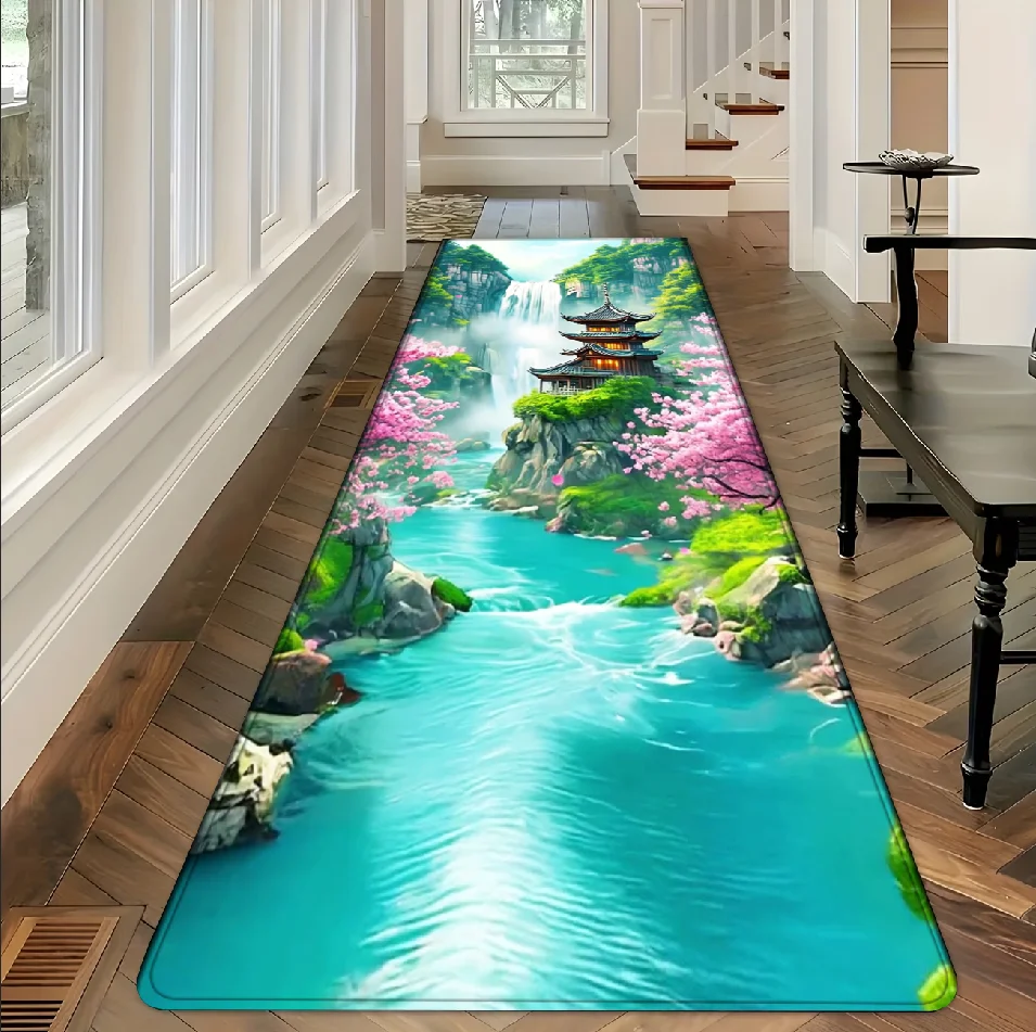 3D Garden Waterfall Runner Rug Non-Slip Floor Mat Hallway Entryway Kitchen Bathroom Laundry Room Home Decor Entrance Carpet