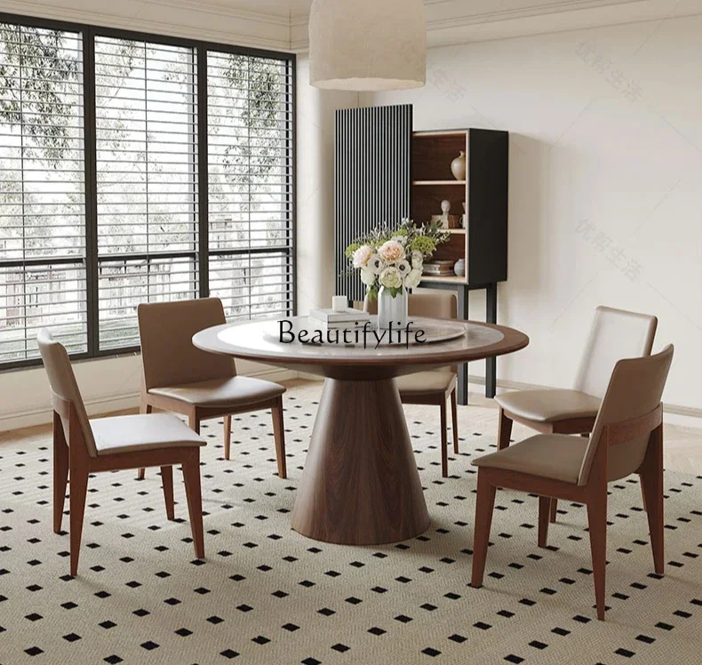 

lNatural round table white jade ice flower luxury stone solid wood new Chinese light luxury with turntable dining table