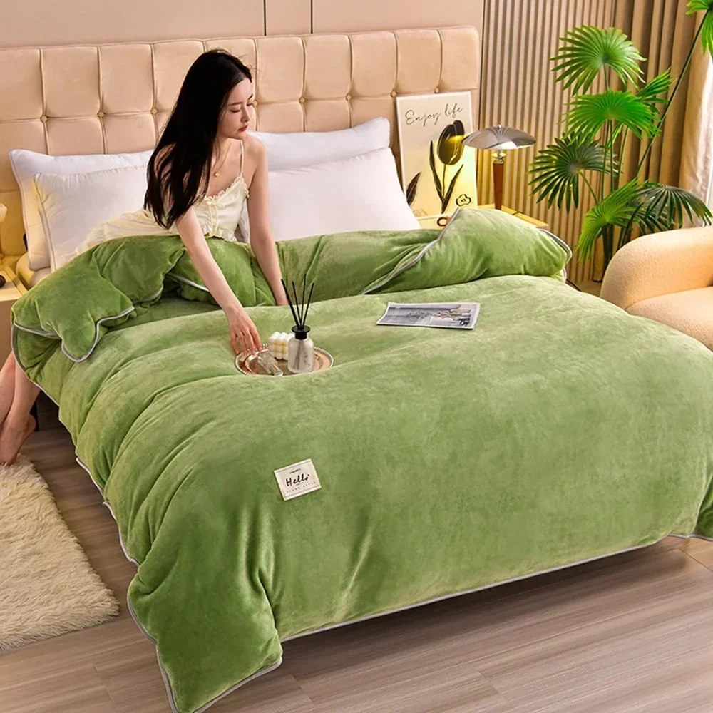 1pc Coral Fleece Duvet Cover Green Color Warm Soft Thicker Solid Color Bed Cover for Winter housse de couette Queen/King Blanket