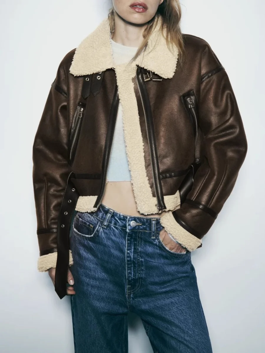 Double-Sided Lamb Fur Biker Sle ort Jaet Women's Inteated Leather And Fur Autumn Winter New Arrival Commute Sle Loo...