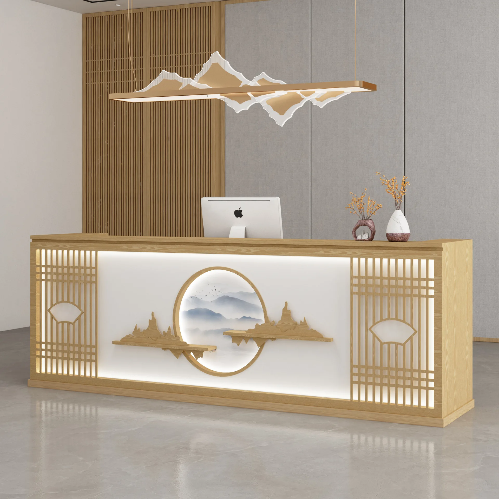 Bar de hotel chino, mostrador de recepción, restaurante comercial, barbacoa, olla caliente, mostrador frontal, página de caja retro, gabinete de vino