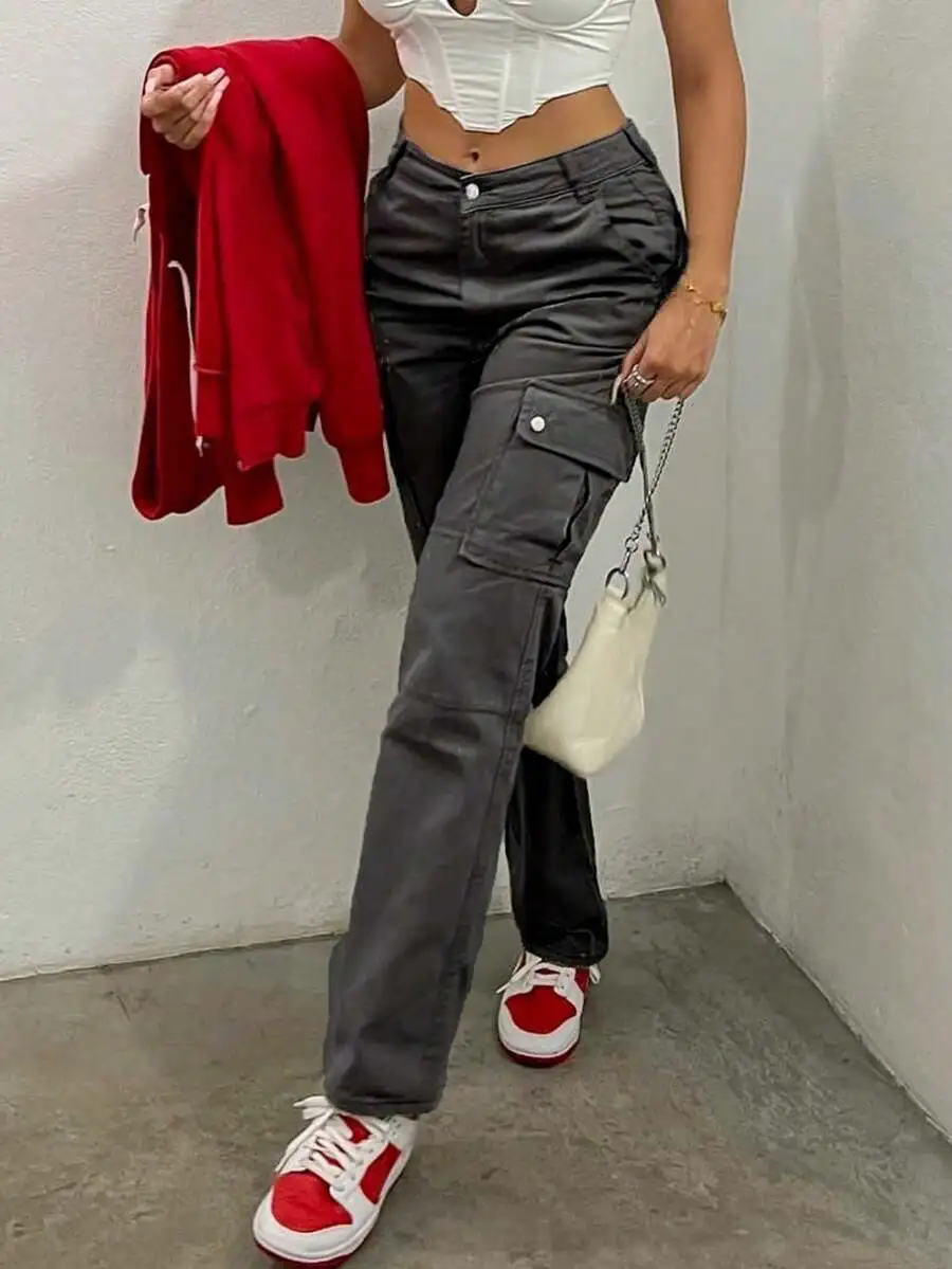 

Retro Y2K Cargo Pants For Women Stretch Flap Streetwear Denim