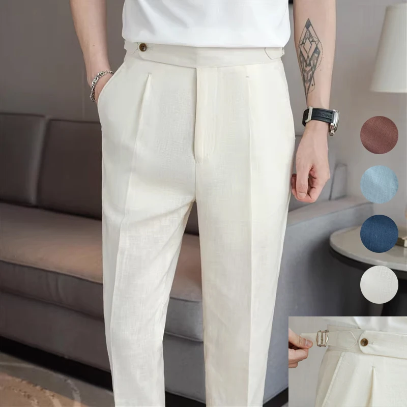 90% Linen 10% Cotton 2024 Suit Pants Naples Breathable Casual Pants Men\'s Height Suit Pant M-3XL Men\'s Straight Pants