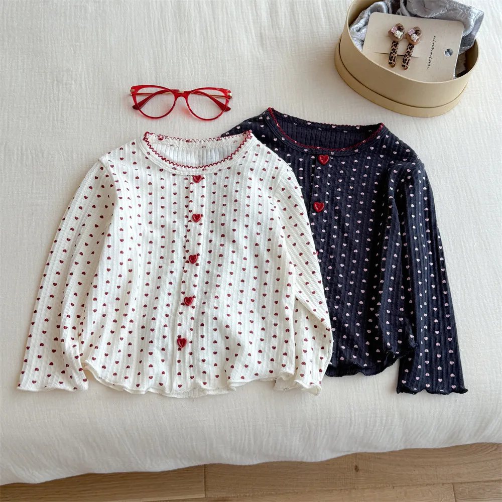 

Girls' 2025 Love T-shirt New Korean Style Children's Long Sleeve Top for Girls' Treasures Spring and Autumn Bottom Shirt