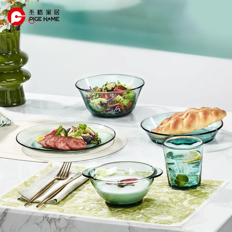 PIGE HOME Emerald Green Tableware High Borosilicate Glass Light Luxury Salad Bowl Dinner Plates Heat-resistant Glass Water Cups
