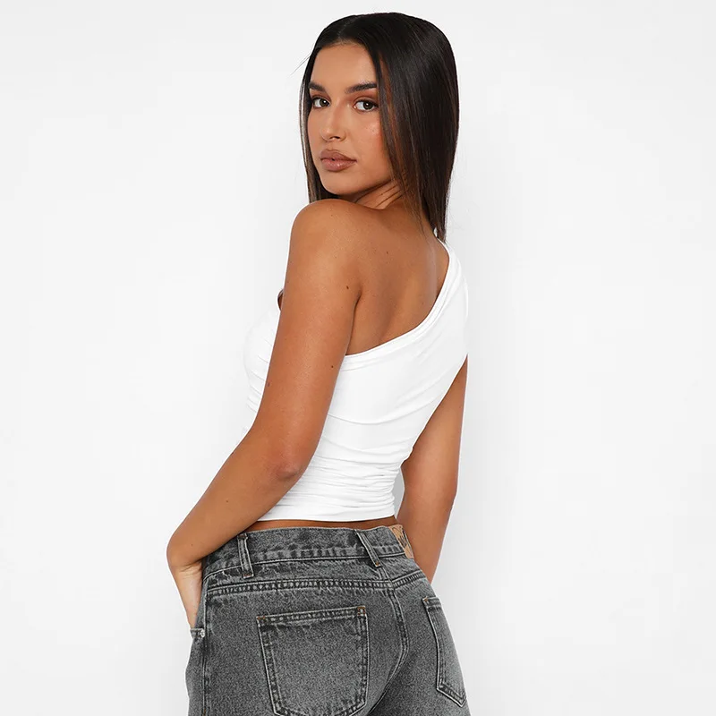 Einfarbig eine Schulter rücken frei schrumpfen Tank Top T-Shirt Süßigkeiten Farbe eng sexy ärmellose Hals ohne schlanke Casaul Top – Detail 24