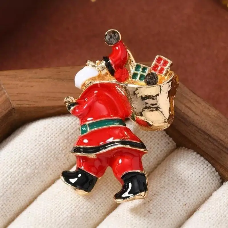 Christmas Enamel Santa Brooch All-match Unisex Shiny Rhinestone Pins for Hat Scarf Backpack Christmas Party Gift