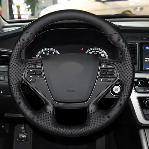 현대 소나타 9 2015 2016 2017 부드러운 천공 가죽 커버, 4 스포크 손 바느질, 자동차 인테리어 스티어링 휠 커버 트림