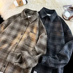 Spring and Autumn New Woolen Checkered Shirt Men's Long Sleeve High End Coat Rascal Handsome Shirt