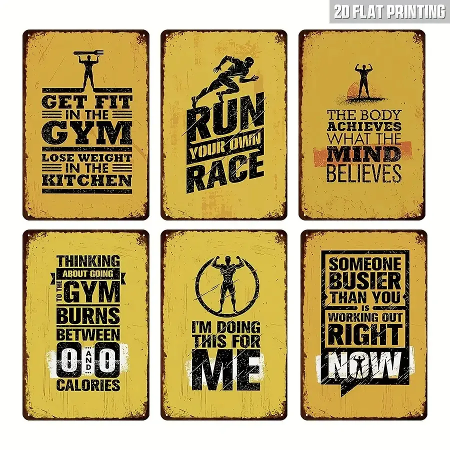 [][] 6pcs Retro Metal Fitness Signs, Heavy Duty Motivational Gym Poster, with Workout Quotes, Vintage Bodybuilding Decor, for Ga