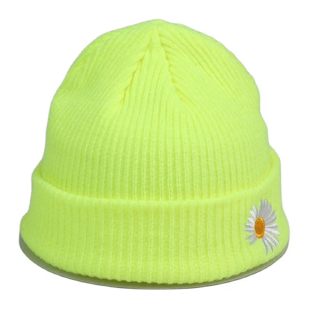 Unisex Bright Plain Neon Green Knit Beanie Short Ribbed Cuff Hat Winter Skullies Cap Ladies Teen