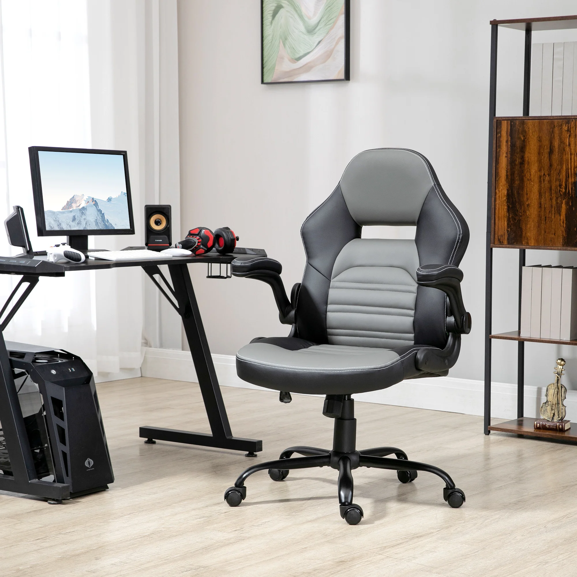 Vinsetto Pu 皮革 Gaming Chair with Flip-Up Armrests, Racing Style Computer Chair, Height Adjustable Home Office Chair, Gray