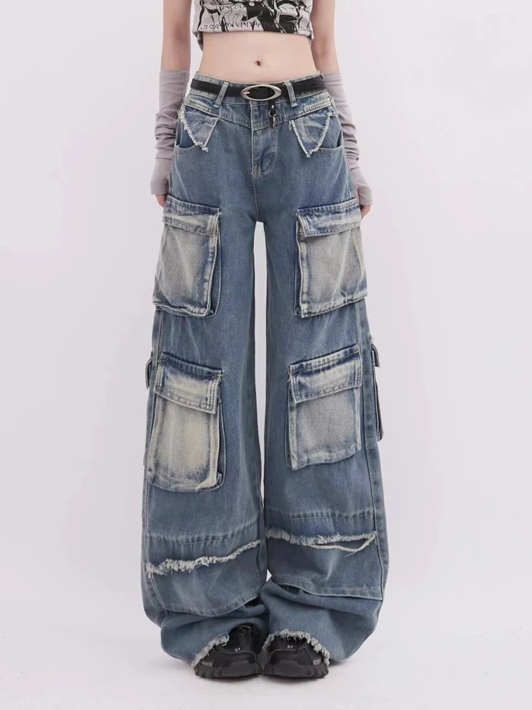 ADAgirl Multi-pocket Cargo Jeans Women Y2k Hip Hop Retro Baggy High Waist Wide Leg Denim Pants Harajuku Streetwear Chic Bottoms