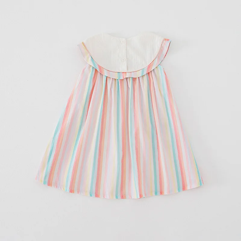 Girls Casual Dresses Sailing Embroidery Stripe Printing O-neck Party Dress Kids 2 To 7 Years Chinese Traditional Dress for Girls