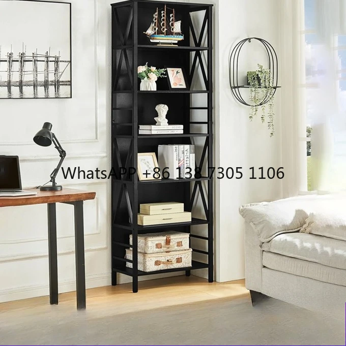 

Multi-layer floor bookshelf office household carbon steel non-punching storage retro wood storage bookshelf