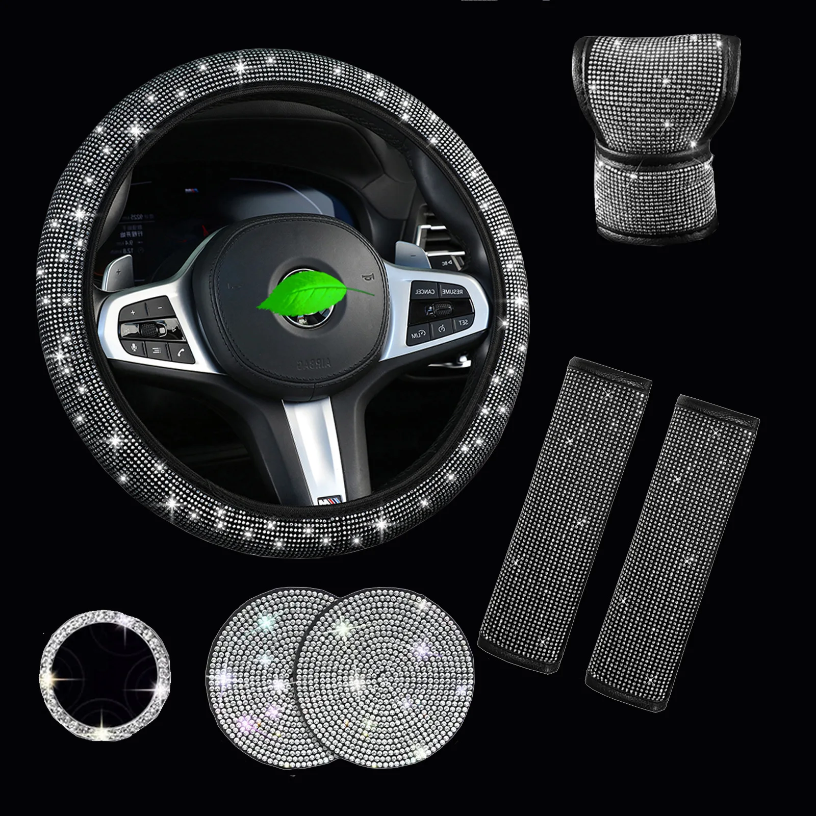 38 cm Bling Auto Zubehör Set Für Frauen Strass Lenkrad Abdeckung Sicherheitsgurt Abdeckungen Getriebe Shift Abdeckung Diamant Tasse Pads – Detail 1