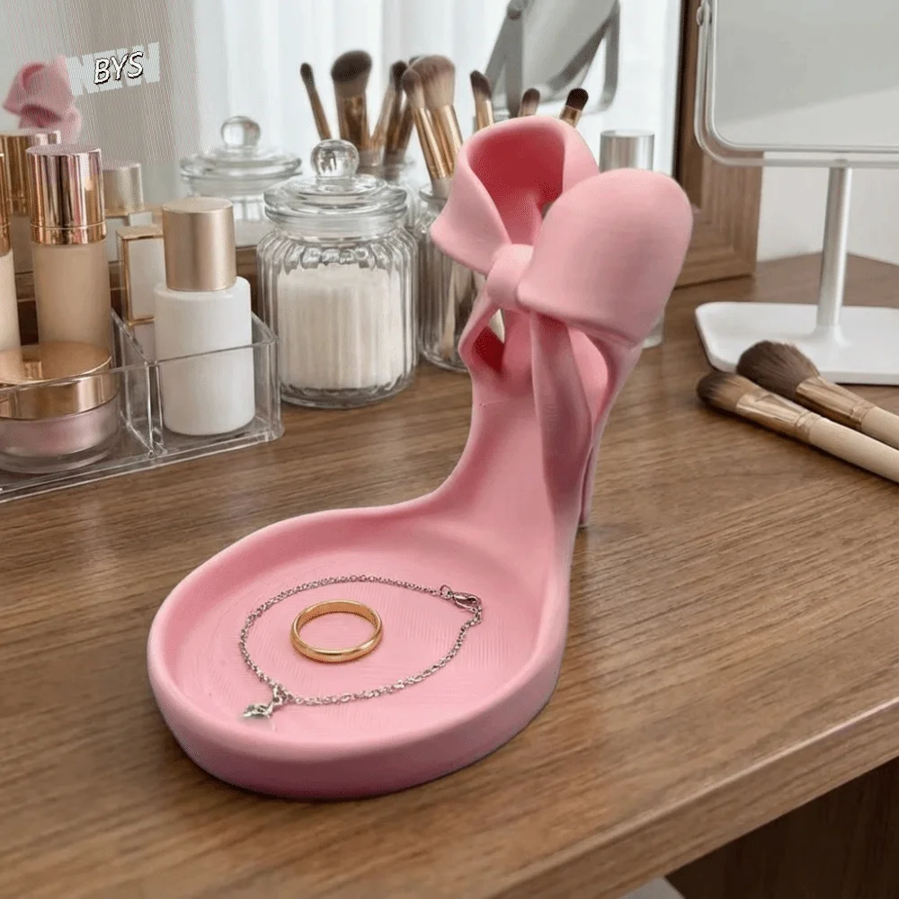 

3D Printed High Heel Jewelry Tray INS Elegant Shoe-shaped Ring Holder with Bow Decoration Simple Mini Key Stand Home Ornaments